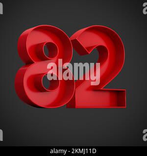 Ein 3D-Rendering der Zahl 82 in Rot auf schwarzem Hintergrund - Symbol 82 Stockfoto
