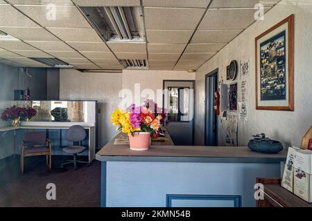 Das Foyer des verlassenen Sage Inn Motels in Wells, Nevada, USA Stockfoto