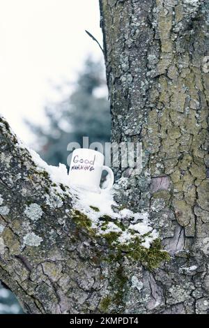 Trinken Sie auf dem Baumstamm. Tasse Tee oder Kaffee Stockfoto