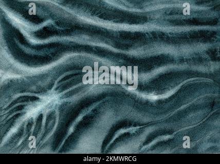 Abstrakter wasserfarbiger horizontaler dunkelgrauer Hintergrund mit Flecken, Spritzer, Streifen, Wellen, Farbverlauf, Formen der gleichen Farbe mit Tonänderung. Stockfoto