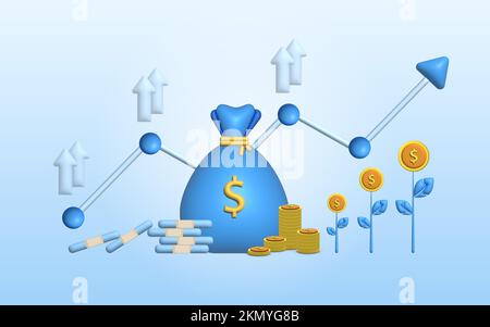 3D Abbildung Konzept und Investitionen des Finanzmanagements. 3D für Zahlung und Finanzierung mit Geld, Bargeld, Banknoten, Taschenrechner und Kreditkarte. Illustr Stockfoto