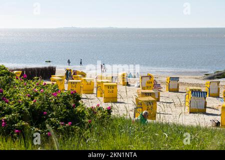 Gelbe Liegestühle und Schlammgebiete, Duhnen, Cuxhaven, Nordsee, Niedersachsen, Deutschland, Europa Stockfoto