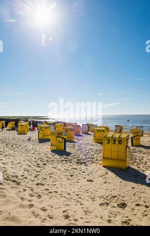 Gelbe Liegestühle und Schlammgebiete, Duhnen, Cuxhaven, Nordsee, Niedersachsen, Deutschland, Europa Stockfoto