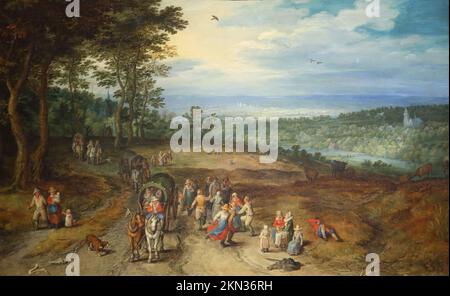 Landschaften mit Reisenden und Bauern auf einer Strecke des flämischen Barockmalers Jan Breughel the Elder in der National Gallery, London, Großbritannien Stockfoto