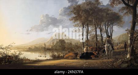 Flusslandschaft mit Reitern und Bauern vom niederländischen Maler des Goldenen Zeitalters Aelbert Cuyp in der National Gallery, London, Großbritannien Stockfoto