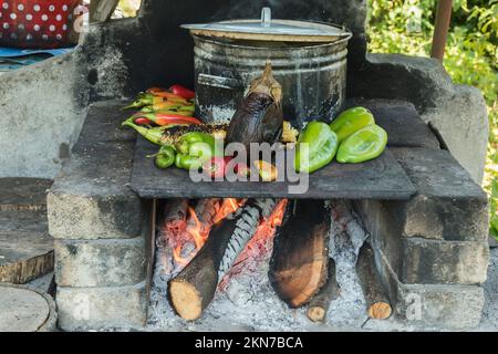 Paprika und Aubergine auf Eisenplatte auf rustikalem Herd im Freien rösten Stockfoto