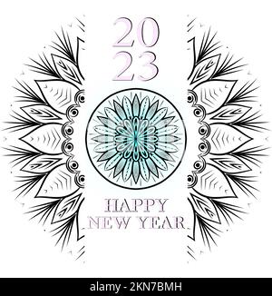 „Happy Silvester 2023“-Karte oder -Poster mit Mandalakunst isoliert auf weißem Hintergrund, geblümter Mandala mit Silvester 2023-Poster zum Feiern Stockfoto