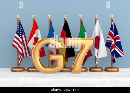 Flags G7 auf weißen Hintergrund setzen. Isolierte 3D-Abbildung Stockfoto