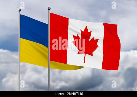 ukrainische und kanadische Flagge im Himmelshintergrund. 3D Abbildung Stockfoto