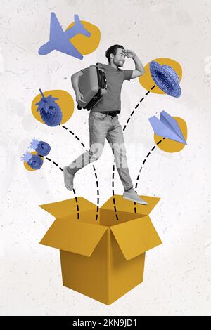 Collage vertikales Foto eines glücklichen Mannes, der aus dem Kasten springt, neue Wege, Reise, Gepäck, das isoliert auf weißem Hintergrund aufgegeben wird Stockfoto