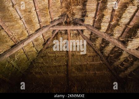 Strohdach in einer alten ukrainischen traditionellen Hütte Stockfoto