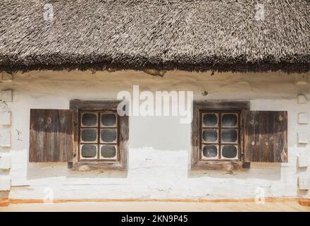 Fassade eines alten, traditionellen ukrainischen Hauses mit Strohdach Stockfoto