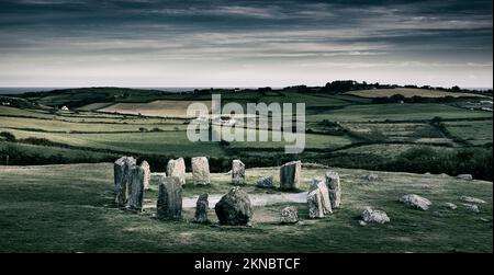 Keltischer Drombeg-Steinkreis im Bezirk Cork, Republik Irland Stockfoto