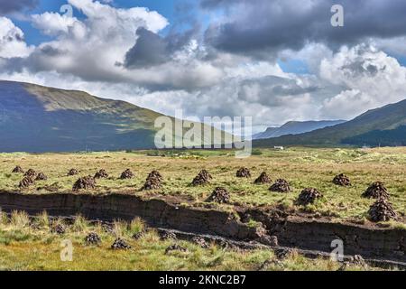 Torf wird in Irland immer noch in großem Umfang gekürzt. Torf ist einer der wichtigsten Brennstoffe in ganz Irland Stockfoto