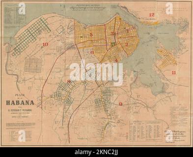 Historischer Stadtplan von Havanna und Umgebung aus dem 20. Jahrhundert. Die Karten sind wunderschön von Hand illustriert und eingraviert und zeigen sie zu dieser Zeit. Stockfoto