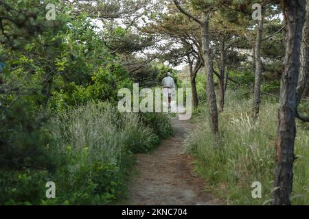Wandern Sie am Nauset Beach Lighthouse in Cape Cod, Massachusetts. Teil der National Seashore an Bostons South Shore. Stockfoto