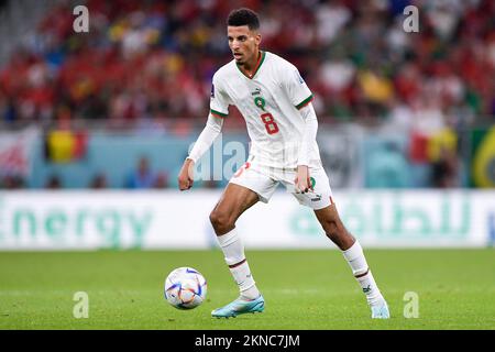 DOHA, KATAR - NOVEMBER 27: Azzedine Ounahi aus Marokko spielt mit dem Ball während des Spiels Gruppe F - FIFA Weltmeisterschaft Katar 2022 zwischen Belgien und Marokko im Al Thumama Stadium am 27. November 2022 in Doha, Katar (Foto: Pablo Morano/BSR Agency) Stockfoto