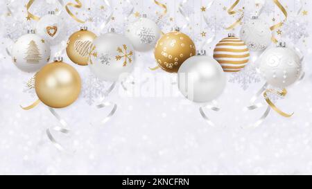 Frohe Weihnachtsgeschenk-Grußkarte mit dekorierten goldenen Hängekugeln, Hintergrund mit bunten Bändern und glitzernden Schneeflocken auf Bokeh-Lichtern, leer Stockfoto
