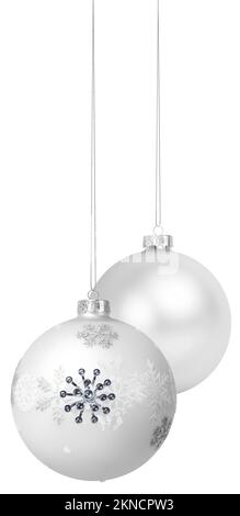 Fröhliche Weihnachten Silberbälle zum Aufhängen mit glitzernden Perlen, Schneeflockenmuster, isoliert auf weißem Hintergrund, Objektvorlage als Begrüßungsgeschenk Stockfoto
