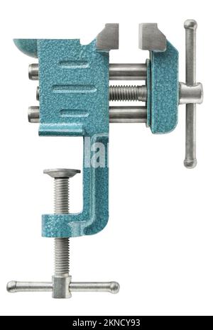 Einteiliger alter grün-blauer Schraubstock oder Schraubgriff, Metallausrüstung, isoliert auf weißem Hintergrund Stockfoto