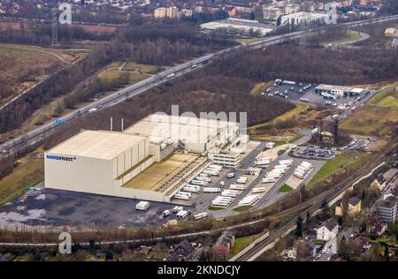 Luftaufnahme, Nordfrost Logistikzentrum auf dem Gelände des ehemaligen Kohlebergwerks Unser Fritz, am Malakowturm im Bezirk Unser Fritz in Herne, Ruhr sind Stockfoto