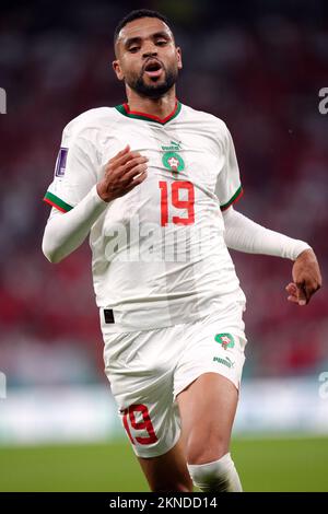 Youssef en-Nesyri aus Marokko während des Spiels der FIFA-Weltmeisterschaft Gruppe F im Al Thumama Stadium, Doha, Katar. Foto: Sonntag, 27. November 2022. Stockfoto