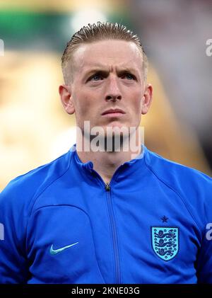 England Torwart Jordan Pickford während des FIFA-Weltmeisterschafts Gruppe B im Al Bayt Stadium, Al Khor. Foto: Freitag, 25. November 2022. Stockfoto