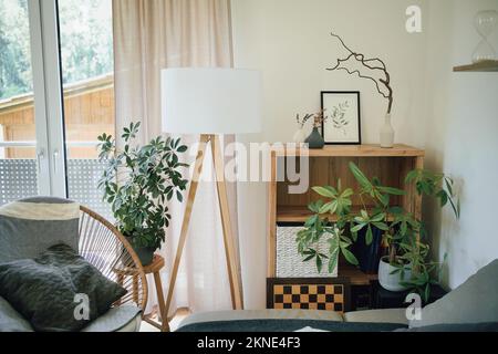 Moderne Einrichtung in natürlichen Farben mit Stativlampe, Pflanzen und Möbeln. Stockfoto