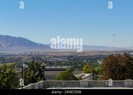 Überblick über die Innenstadt von Salt Lake City am Morgen von Capitol Hill Stockfoto