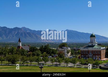 Überblick über die Innenstadt von Salt Lake City am Morgen von Capitol Hill Stockfoto