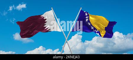 Zwei gekreuzte Flaggen Bosnien und Herzegowina und Katar winken im Wind am bewölkten Himmel. Beziehungskonzept, Dialog, Reisen zwischen zwei Ländern. 3D Stockfoto