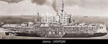 Eine Schnittzeichnung der HMS Wartrotz von Narvik, die die wichtigsten Merkmale ihres neuen Designs zeigt, einschließlich Flugzeughallen und massiver Turmbrücke. Von British Warships of the Royal Navy, veröffentlicht 1940. Stockfoto