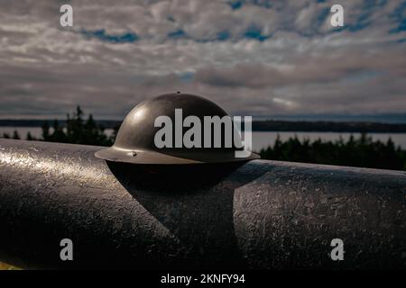 Brodie Helm (Mark 1 Halmet) wurde erstmals während des Ersten Weltkriegs (1914-1918) von der Canadian Expeditionary Force von 1916-1938 verwendet. Stockfoto