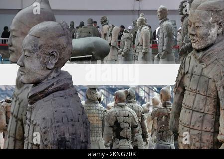 Die Terrakotta-Armee ist eine Reihe von Statuen, die im Mausoleum des ersten Qin-Imperators in der Stadt Xi'an in China aufgestellt sind. Stockfoto