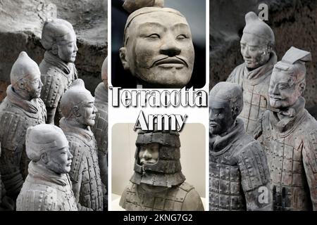 Die Terrakotta-Armee ist eine Reihe von Statuen, die im Mausoleum des ersten Qin-Imperators in der Stadt Xi'an in China aufgestellt sind. Stockfoto