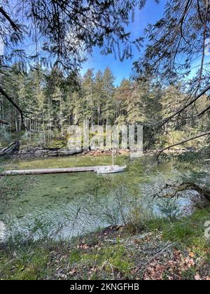 Ein Boot ankerte an einer kleinen Anlegestelle inmitten der Wälder in Ladysmith, auf Vancouver Island, British Columbia, Kanada Stockfoto
