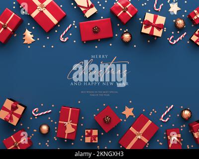 Weihnachten elegante Grußkartenvorlage mit Geschenken und goldenen Ornamenten auf blauem Hintergrund. Frohe Weihnachten und frohes neues Jahr für Flat Lay Banner de Stockfoto
