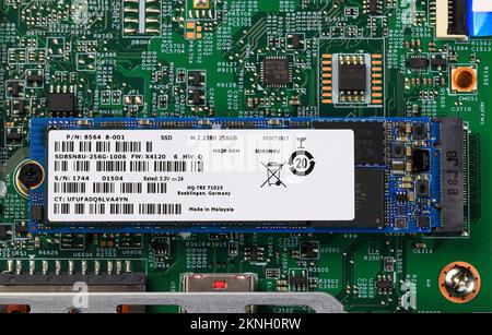 Die blaue SSD-PCle NVMe M.2 auf grünem Hintergrund der Hauptplatine Stockfoto