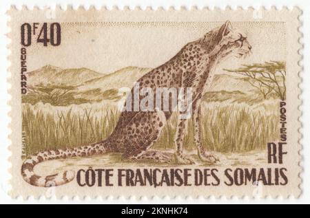 DSCHIBUTI AN DER KÜSTE FRANKREICHS SOMALIAS - 1958: Eine Briefmarke mit brauner und olivgrüner Briefmarke von 40 Centimes, die den Geparden darstellt. Der Gepard (Acinonyx jubatus) ist eine große Katze, die in Afrika und im zentralen Iran heimisch ist. Es handelt sich um das schnellste Landtier, das schätzungsweise mit einer Geschwindigkeit von 80 bis 128 km/h (50 bis 80 mph) fahren kann, wobei die schnellste, zuverlässig aufgezeichnete Geschwindigkeit 93 und 98 km/h (58 und 61 mph) beträgt; Und so hat er spezielle Anpassungen für Geschwindigkeit entwickelt, einschließlich einer leichten Konstruktion, langen dünnen Beinen und einem langen Schwanz. Er erreicht in der Regel 67–94 cm (26–37 Zoll) an der Schulter, und die Kopf- und Körperlänge beträgt zwischen 1,1 und 1,5 m. Stockfoto