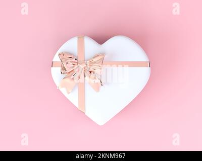 Geschenkbox mit pinkfarbenem Herz und Schleifenband aus Metall valentinstag-Konzept. Heller pastellrosa Hintergrund. Hochzeit, Geburtstag, Happy Woman's Day, Muttertag, Valentinstag Stockfoto