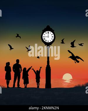 Eine Familie wird mit einer Schar Möwen am Strand gesehen, wo eine beleuchtete Uhr bei Sonnenuntergang in der 3-D-Illustration über Zeitänderungen zu sehen ist. Stockfoto
