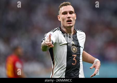 Al-Khor, Katar. 27.. November 2022. AL KHOR, KATAR - NOVEMBER 28: David Raum von Deutschland reagiert während des Spiels Gruppe E - FIFA Weltmeisterschaft Katar 2022 zwischen Spanien und Deutschland im Al Bayt Stadion am 28. November 2022 in Al Khor, Katar (Foto von Pablo Morano/BSR-Agentur). Kredit: BSR-Agentur/Alamy Live News Stockfoto