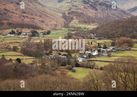 Die Dörfer Rosthwaite und Stonethwaite in Borrowdale, Lake District, Großbritannien Stockfoto