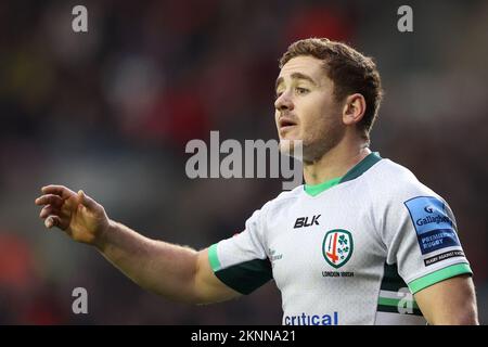 Leicester, Großbritannien. 27.. November 2022. Paddy Jackson of London Irish während des Gallagher Premiership-Spiels Leicester Tigers vs London Irish an der Mattioli Woods Welford Road, Leicester, Vereinigtes Königreich, 27.. November 2022 (Foto von Nick Browning/News Images) in Leicester, Vereinigtes Königreich, 11/27/2022. (Foto von Nick Browning/News Images/Sipa USA) Guthaben: SIPA USA/Alamy Live News Stockfoto