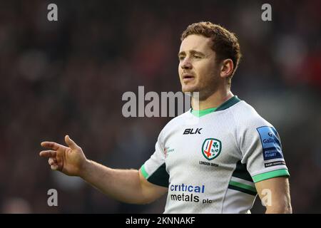 Leicester, Großbritannien. 27.. November 2022. Paddy Jackson of London Irish während des Gallagher Premiership-Spiels Leicester Tigers vs London Irish an der Mattioli Woods Welford Road, Leicester, Vereinigtes Königreich, 27.. November 2022 (Foto von Nick Browning/News Images) in Leicester, Vereinigtes Königreich, 11/27/2022. (Foto von Nick Browning/News Images/Sipa USA) Guthaben: SIPA USA/Alamy Live News Stockfoto