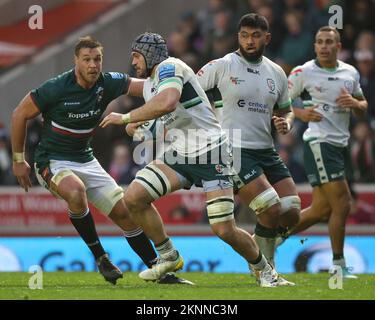 Leicester, Großbritannien. 27.. November 2022. Matt Rogerson of London Irish läuft mit dem Ball während des Gallagher Premiership-Spiels Leicester Tigers vs London Irish an der Mattioli Woods Welford Road, Leicester, Großbritannien, 27.. November 2022 (Foto von Nick Browning/News Images) in Leicester, Großbritannien, am 11./27. November 2022. (Foto von Nick Browning/News Images/Sipa USA) Guthaben: SIPA USA/Alamy Live News Stockfoto