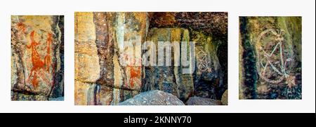 Collage-Bild mit einigen der Aboriginal Rock Art im Kakadu National Park, Northern Territory, Australien Stockfoto