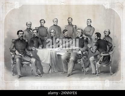 Die Verteidiger der Union, Offiziere der Union am Tisch mit einer Militärkarte von Virginia: Generalmajor George Brinton McClellan, Konteradmiral Silas Horton Stringham, Generalmajor Irvin McDowell, Generalmajor Franz Sigel, Generalmajor John Ellis Wool, Generalmajor John Adams Dix, Generalmajor Nathaniel Prentice (oder Prentiss) Banks, Generalmajor Samuel Peter Heintzelman, Generalleutnant Winfield Scott, Generalmajor Robert Anderson, Generalmajor John Charles Frémont und Generalmajor Benjamin Franklin Butler. Stockfoto