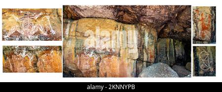 Collage-Bild mit einigen der Aboriginal Rock Art im Kakadu National Park, Northern Territory, Australien Stockfoto