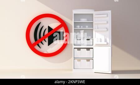 Konzept der geräuschlosen Kühlschränke. Lautloses Öffnen der Tür. 3D-Rendering Stockfoto